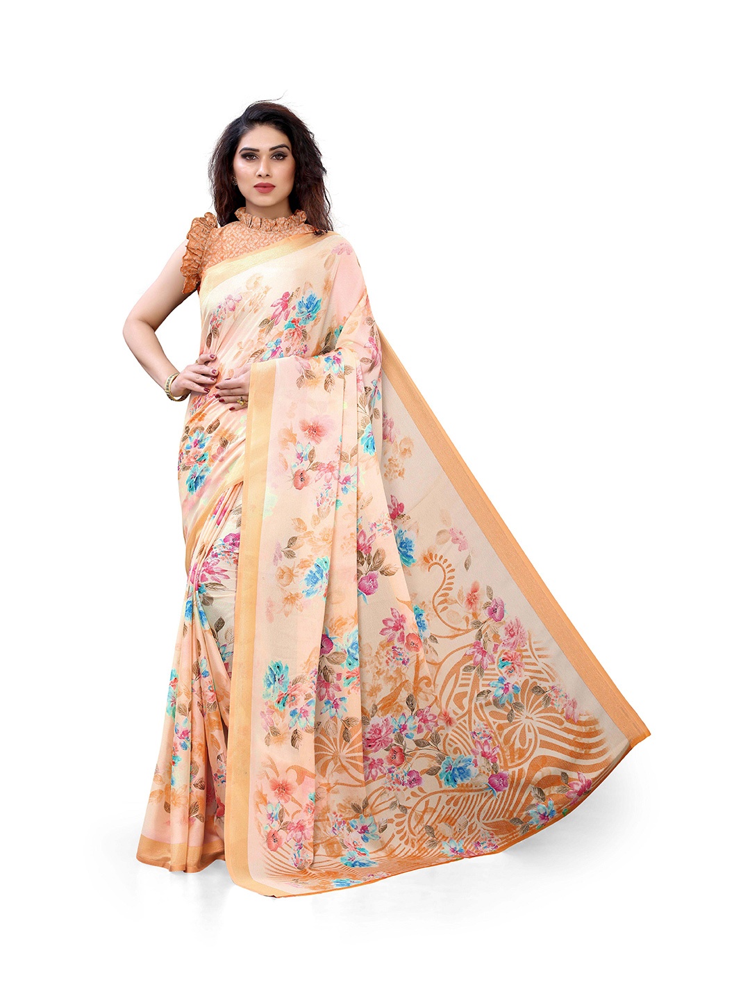 

MIRCHI FASHION Peach-Coloured & Multicoloured Floral Printed Zari Bagh Saree