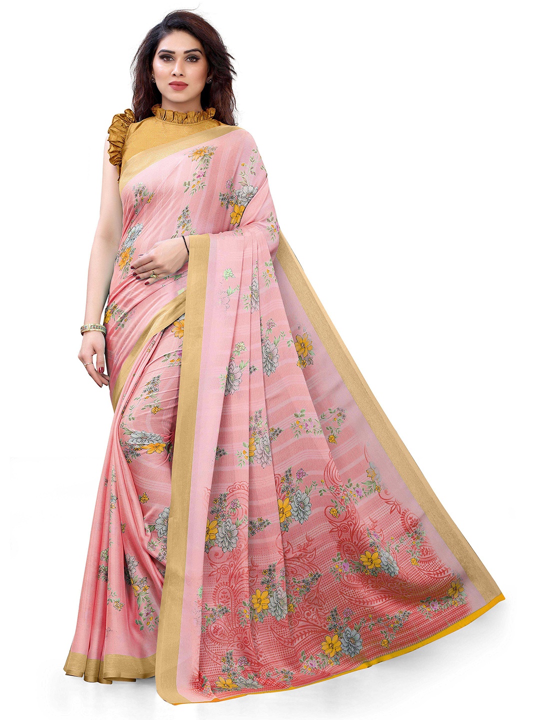 

Mirchi Fashion Pink & Multicoloured Floral Printed Zari Bagh Saree