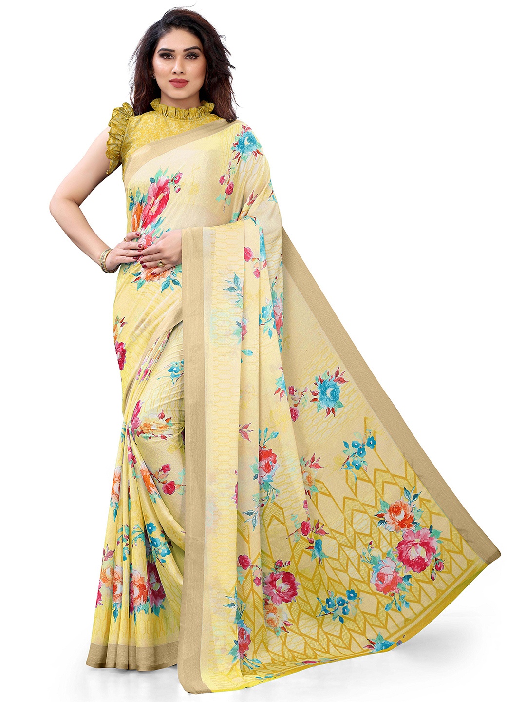 

Mirchi Fashion Yellow & Pink Floral Printed Zari Bagh Saree