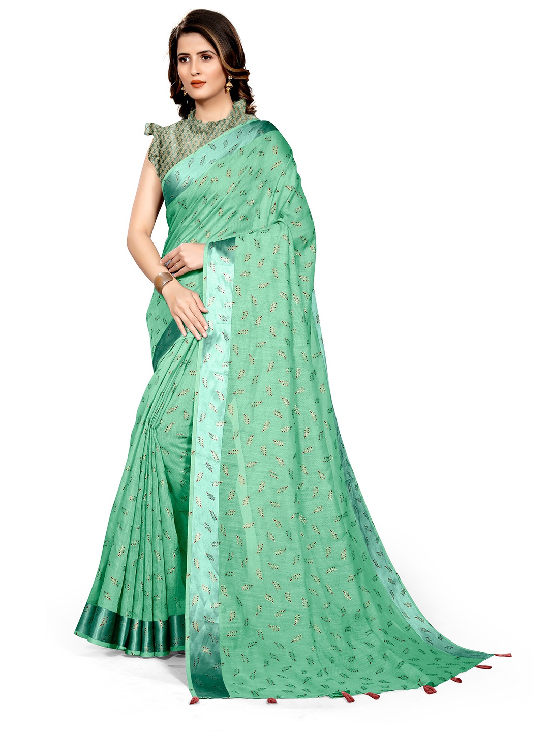 

KALINI Green & Gold-Toned Floral Cotton Block Print Saree
