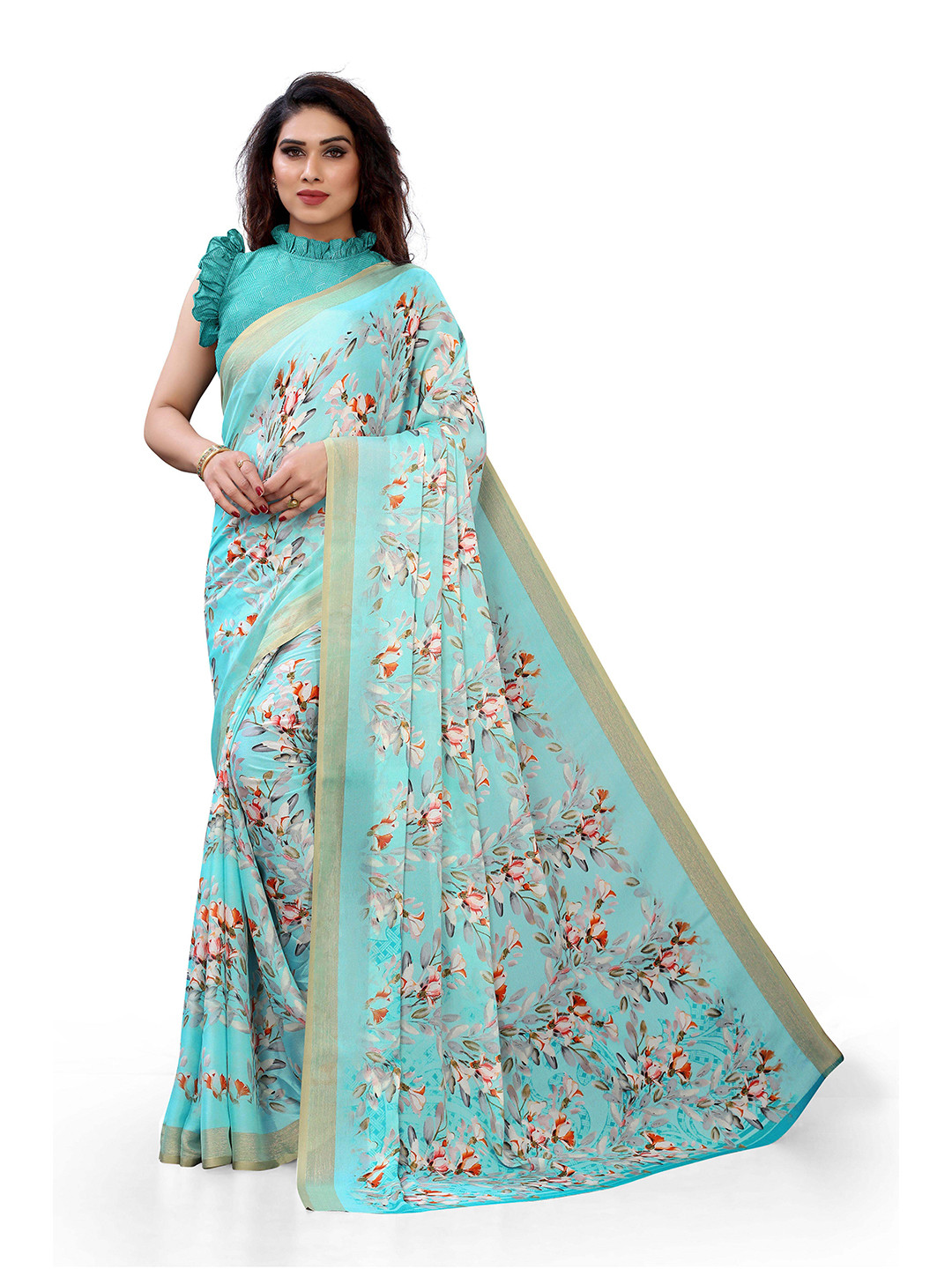 

Mirchi Fashion Turquoise Blue & Red Floral Printed Zari Bagh Saree