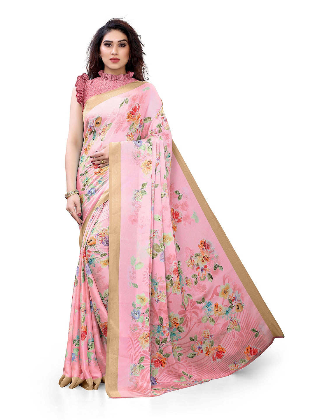 

MIRCHI FASHION Pink & Multicoloured Floral Printed Zari Bagh Saree