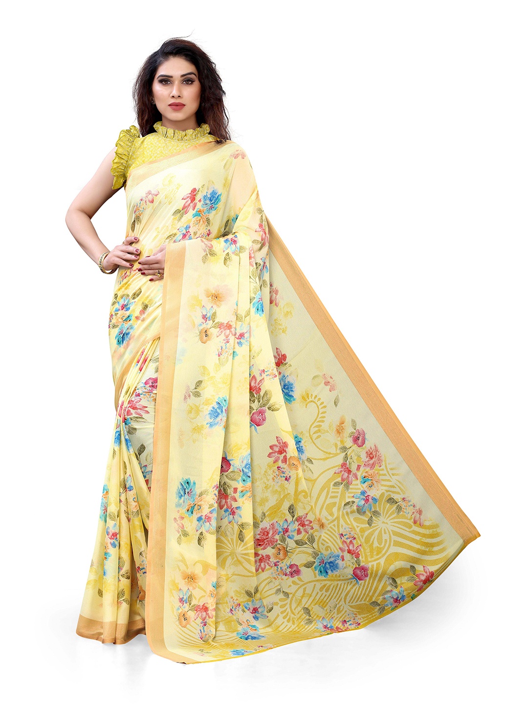 

MIRCHI FASHION Yellow & Multicoloured Floral Printed Zari Bagh Saree