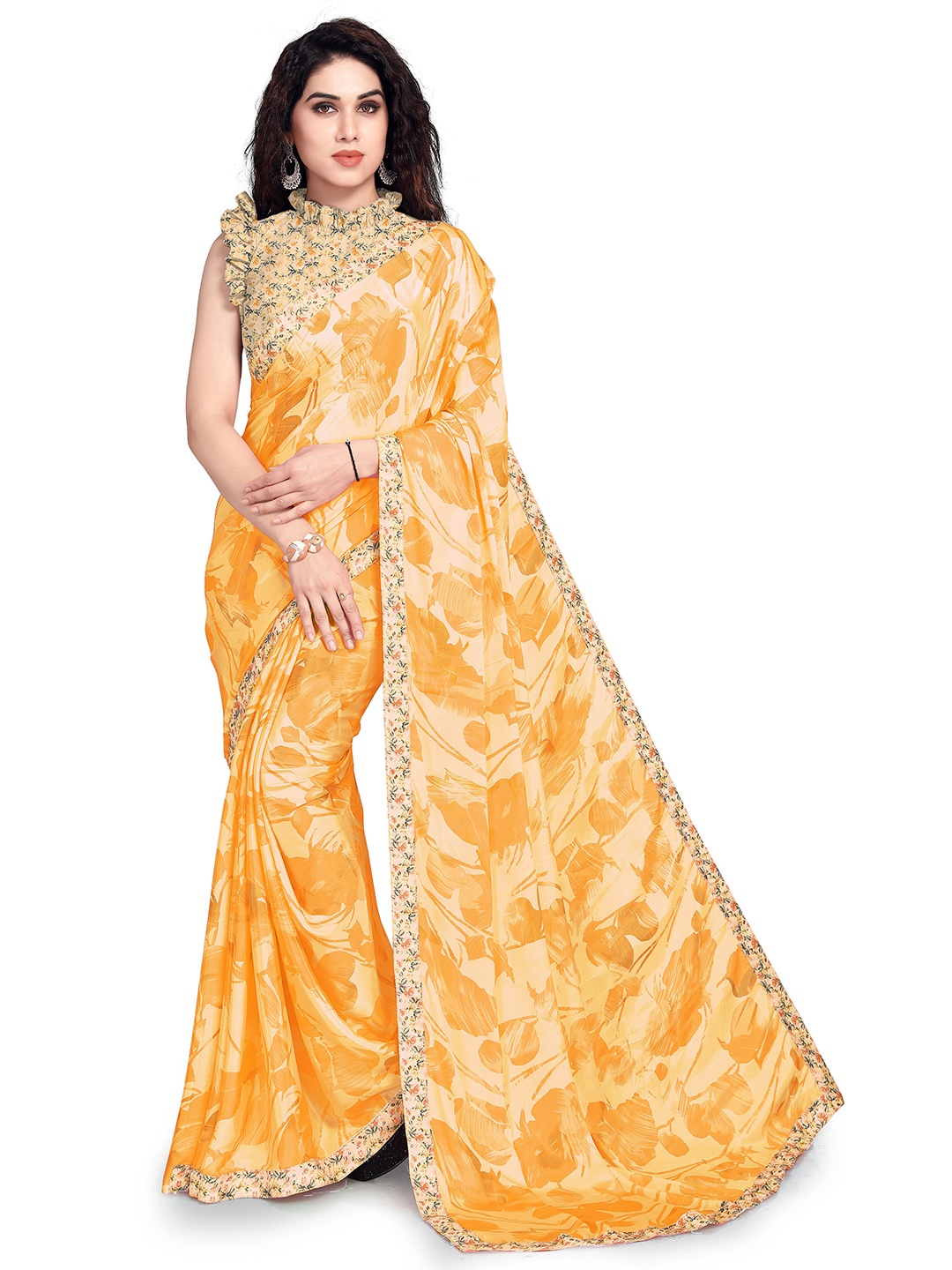 

MIRCHI FASHION Yellow Floral Printed Bagh Saree