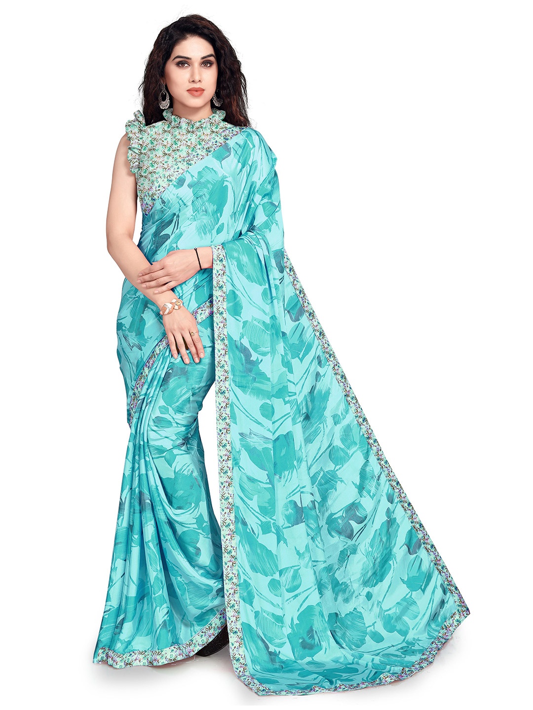 

MIRCHI FASHION Turquoise Blue Floral Printed Bagh Saree