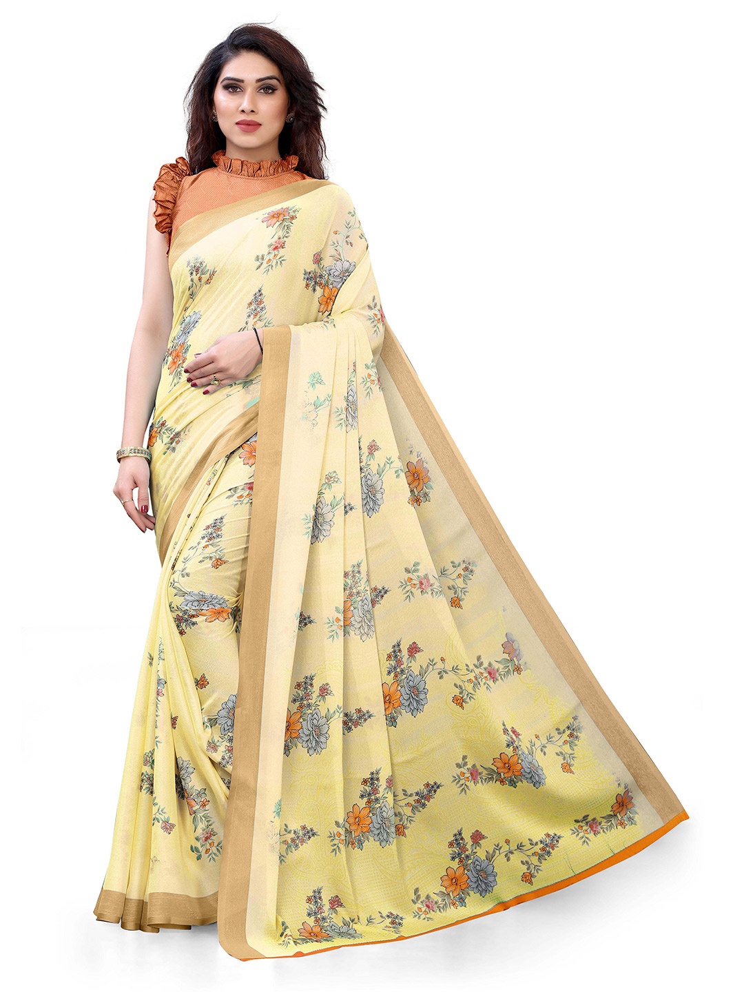 

Mirchi Fashion Yellow & Green Floral Printed Zari Bagh Saree