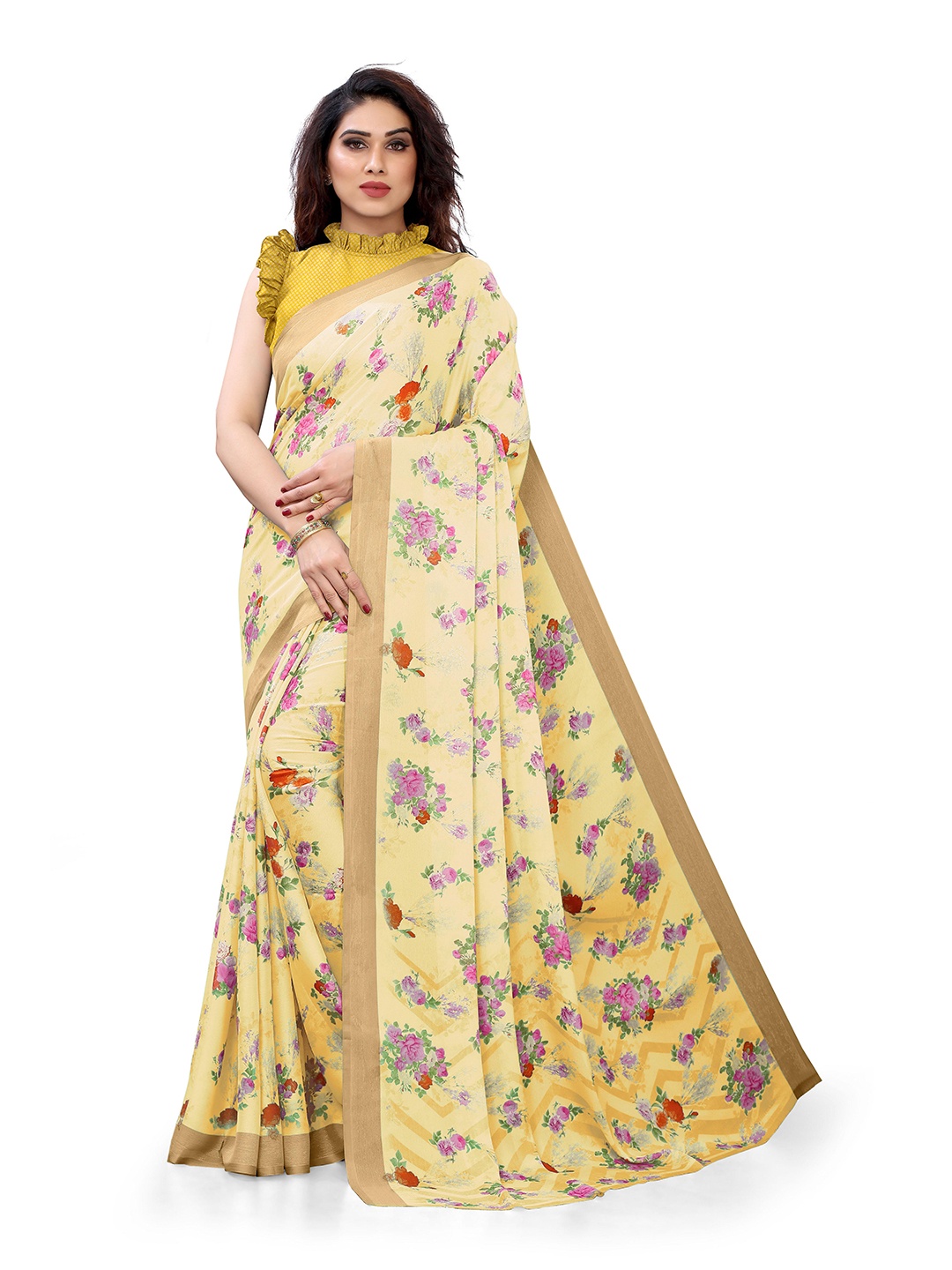 

Mirchi Fashion Yellow & Pink Floral Printed Zari Bagh Saree
