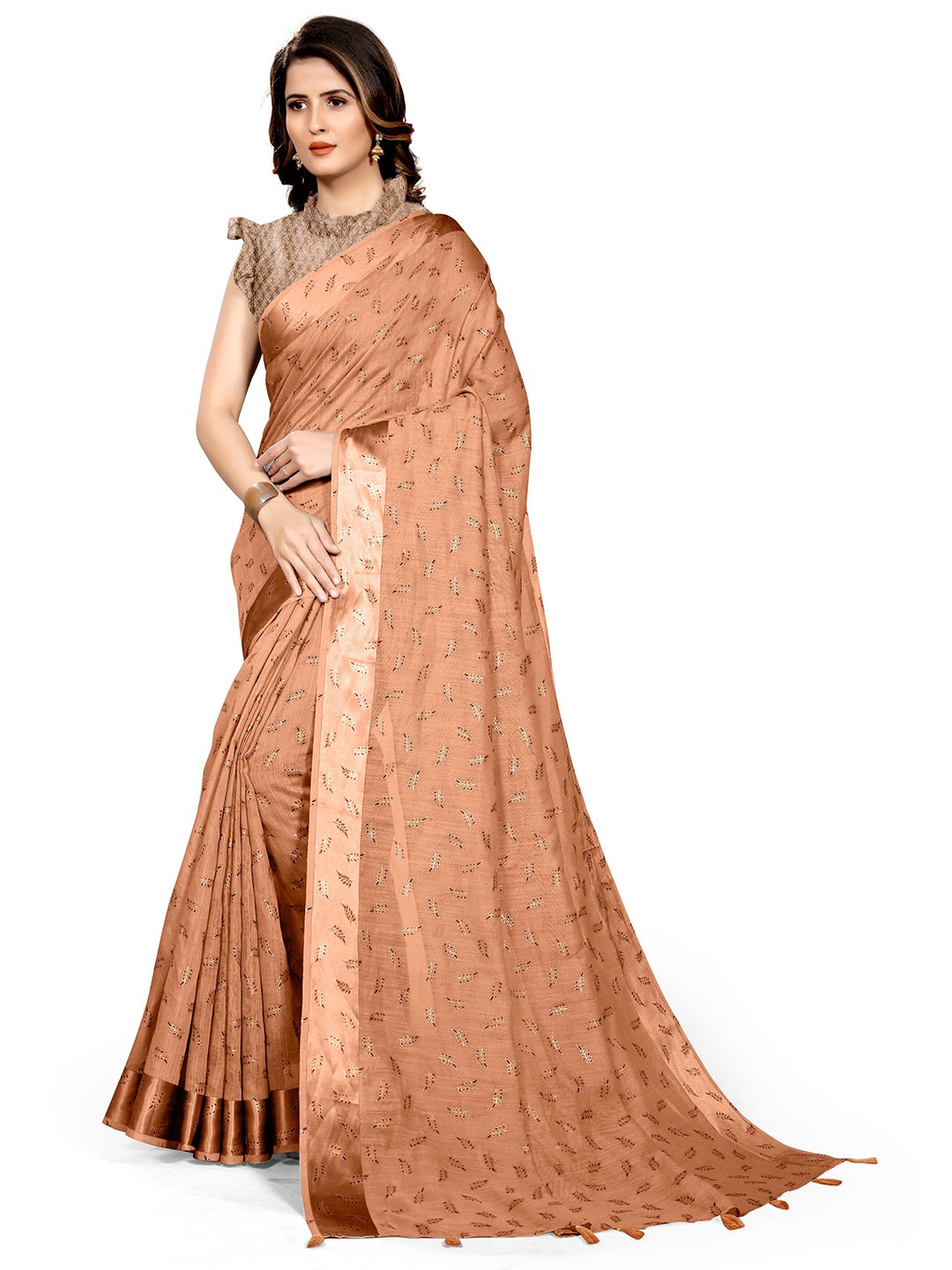 

KALINI Orange & Gold-Toned Floral Printed Cotton Zari Block Print Saree