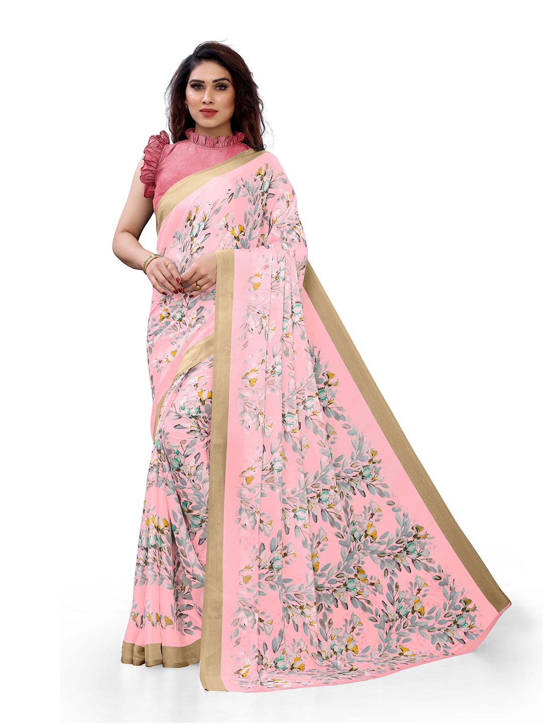 

Mirchi Fashion Pink & Yellow Floral Printed Zari Bagh Saree
