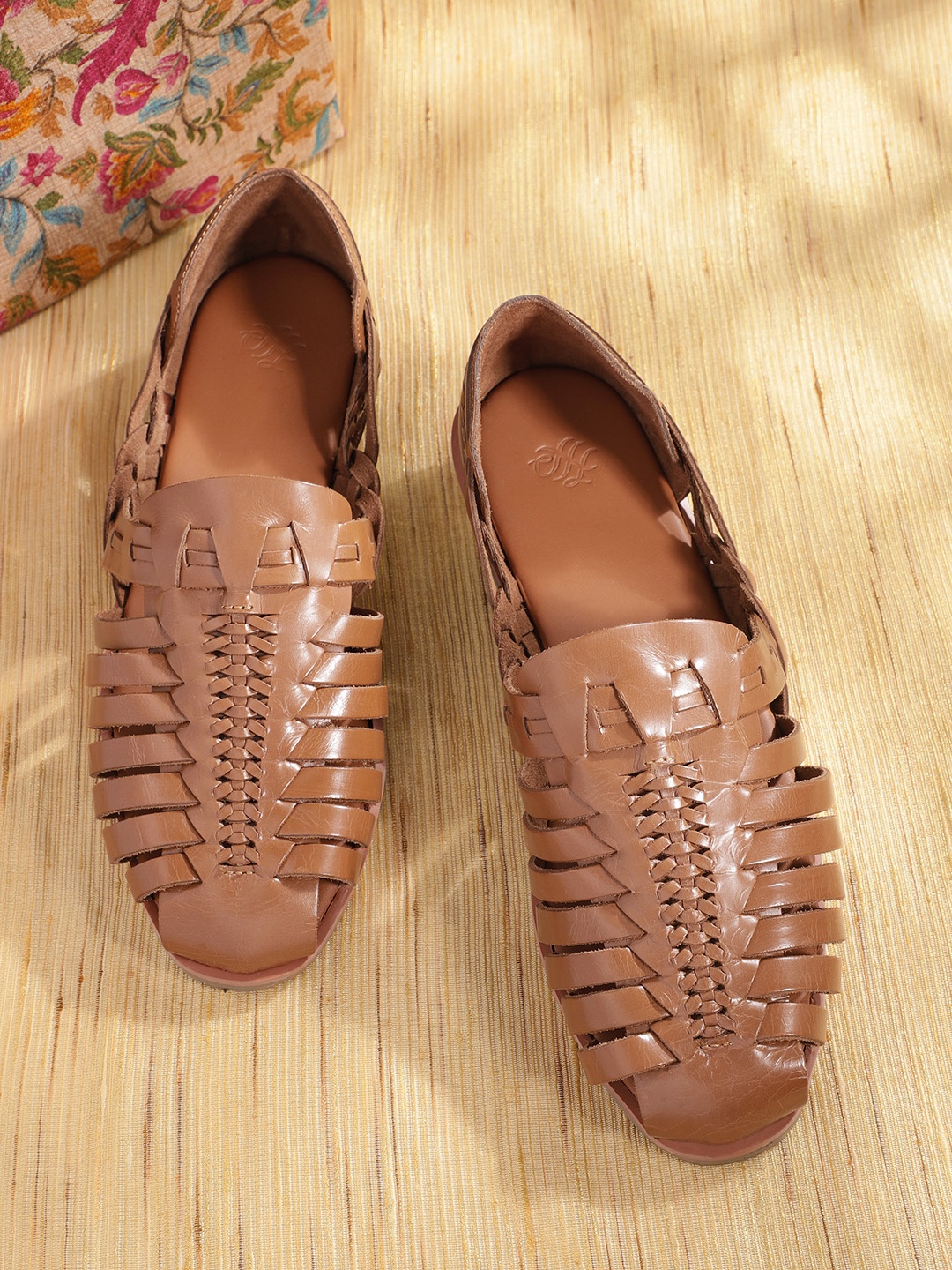 

House of Pataudi Men Tan Brown Handcrafted Braided Detail Leather Fisherman Sandals