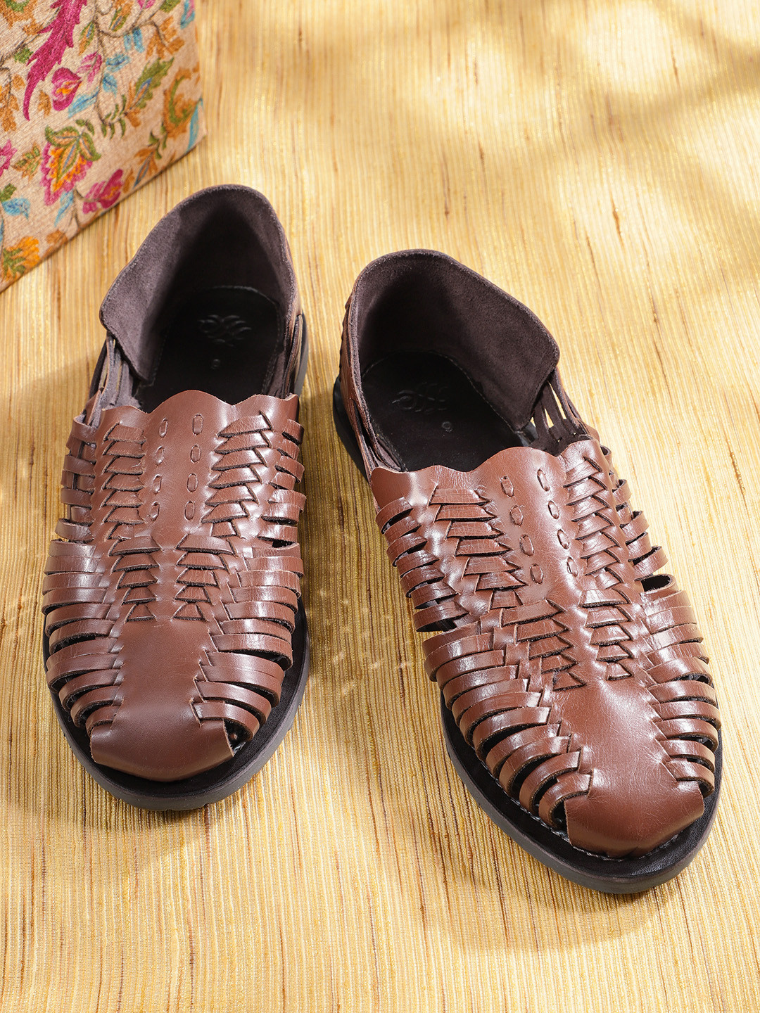 

House of Pataudi Men Coffee Brown Handcrafted Braided Detail Leather Fisherman Sandals