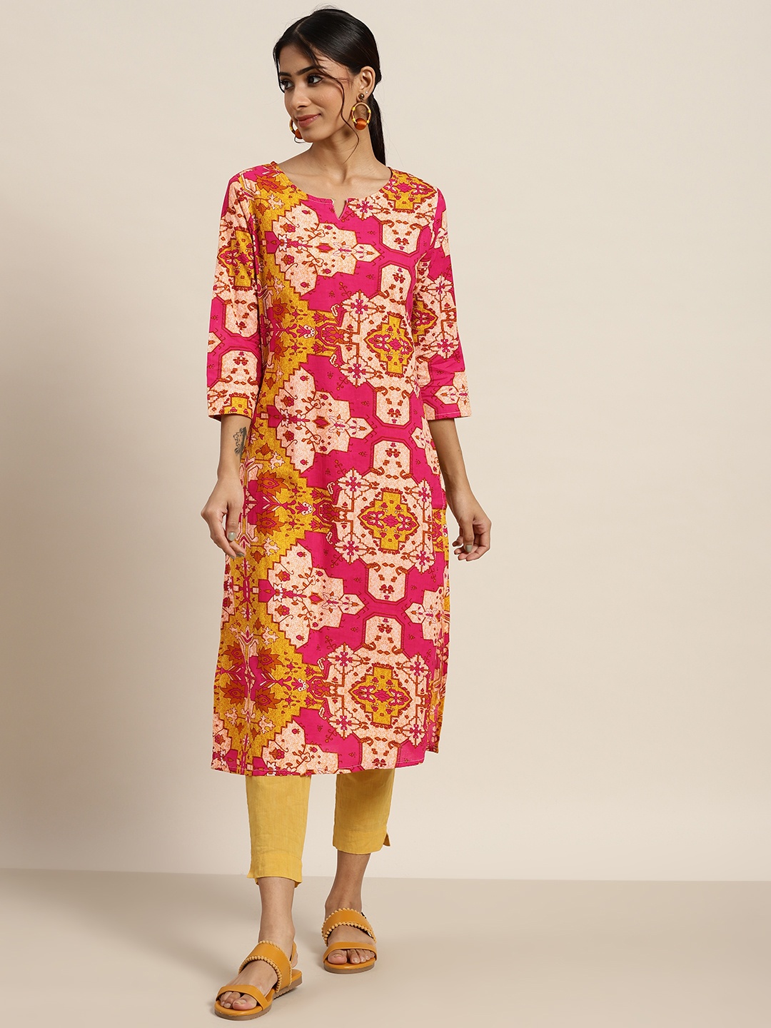 

Sangria Women Pink & Yellow Ethnic Motifs Printed Cotton Straight Kurta