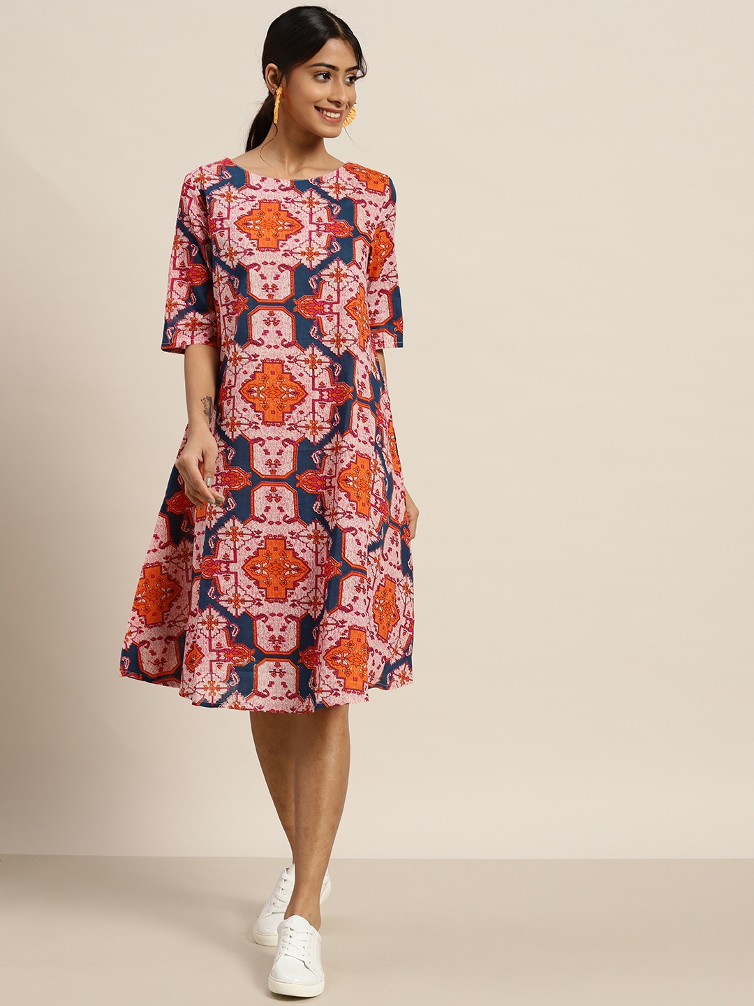 

Sangria Teal Blue & Orange Pure Cotton Ethnic Motifs Printed A-Line Dress