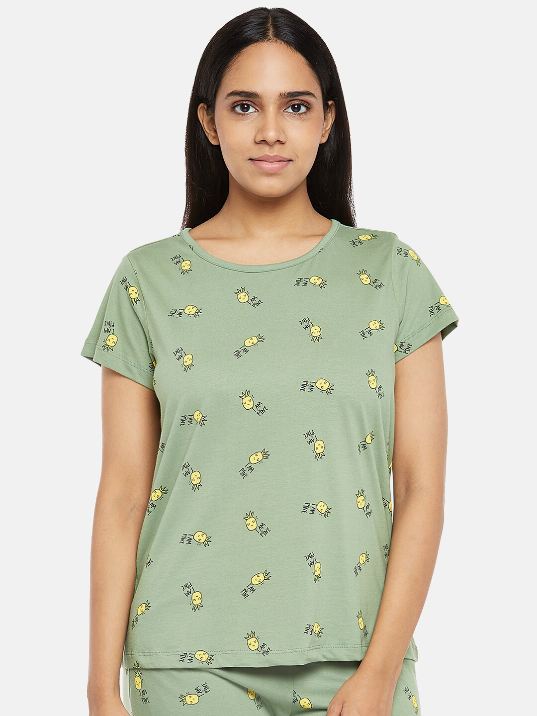 

Dreamz by Pantaloons Women Green & Yellow Printed Pure Cotton Lounge T-Shirt
