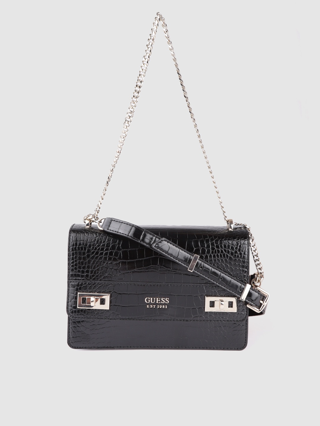 

GUESS Women Black Croc-Textured Structured Sling Bag
