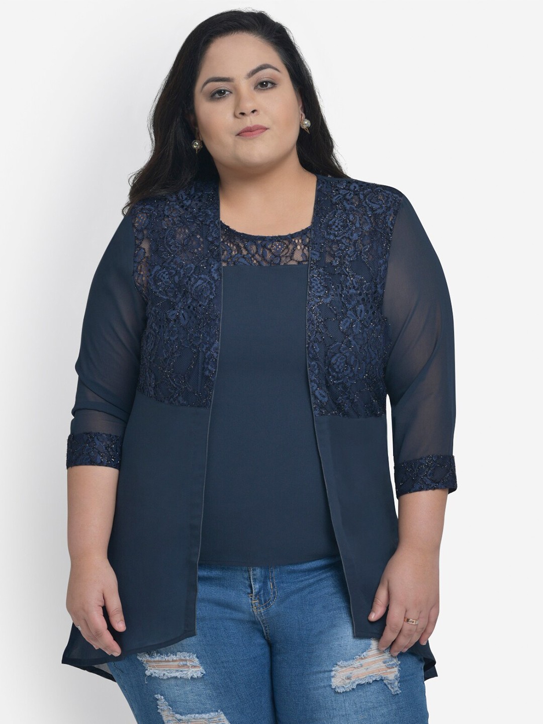 

wild U Plus Size Navy Blue Georgette Regular Top
