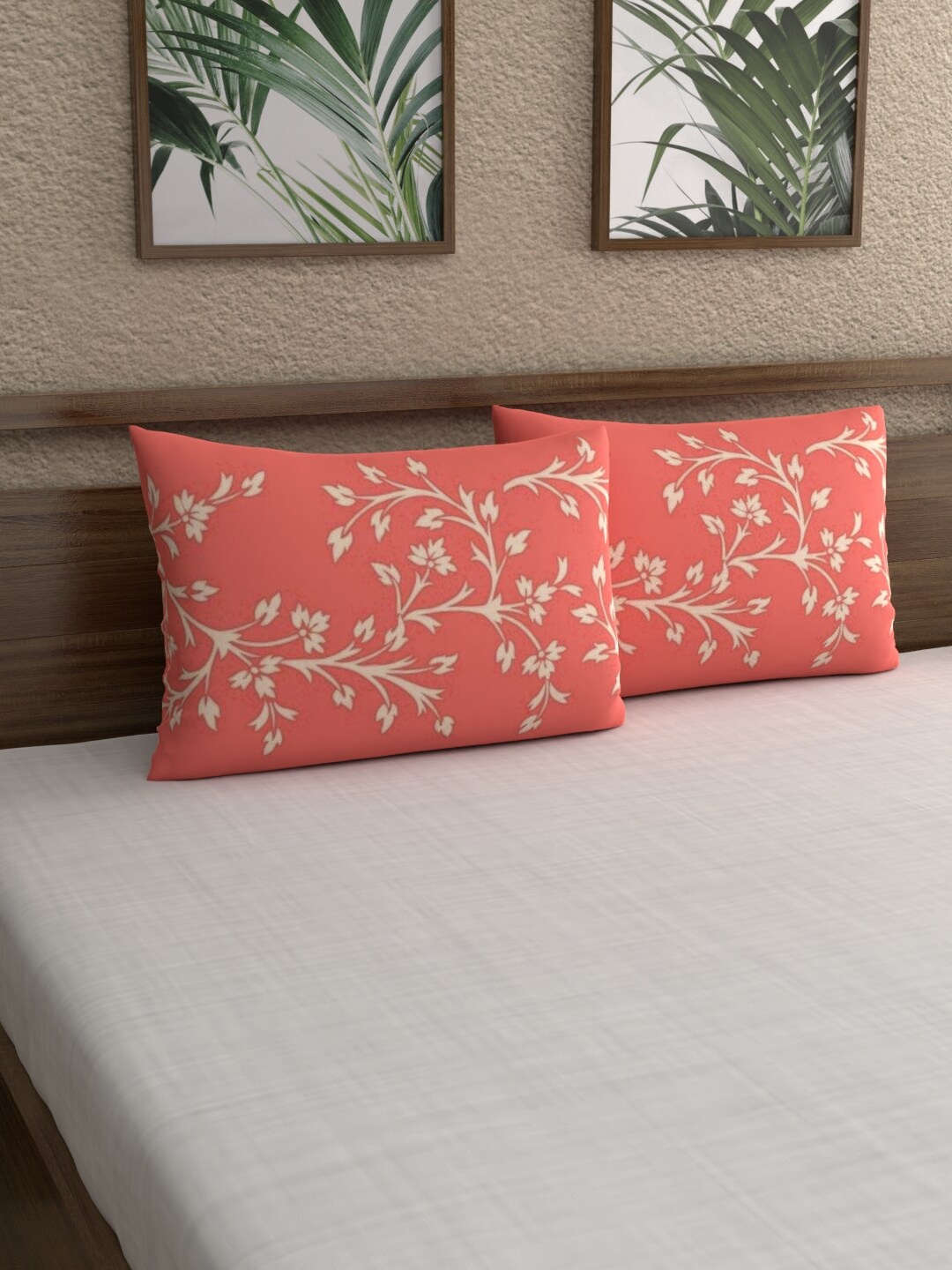

Dreamscape Set Of 2 Peach-Coloured & Beige Printed 144 TC Cotton Pillow Covers