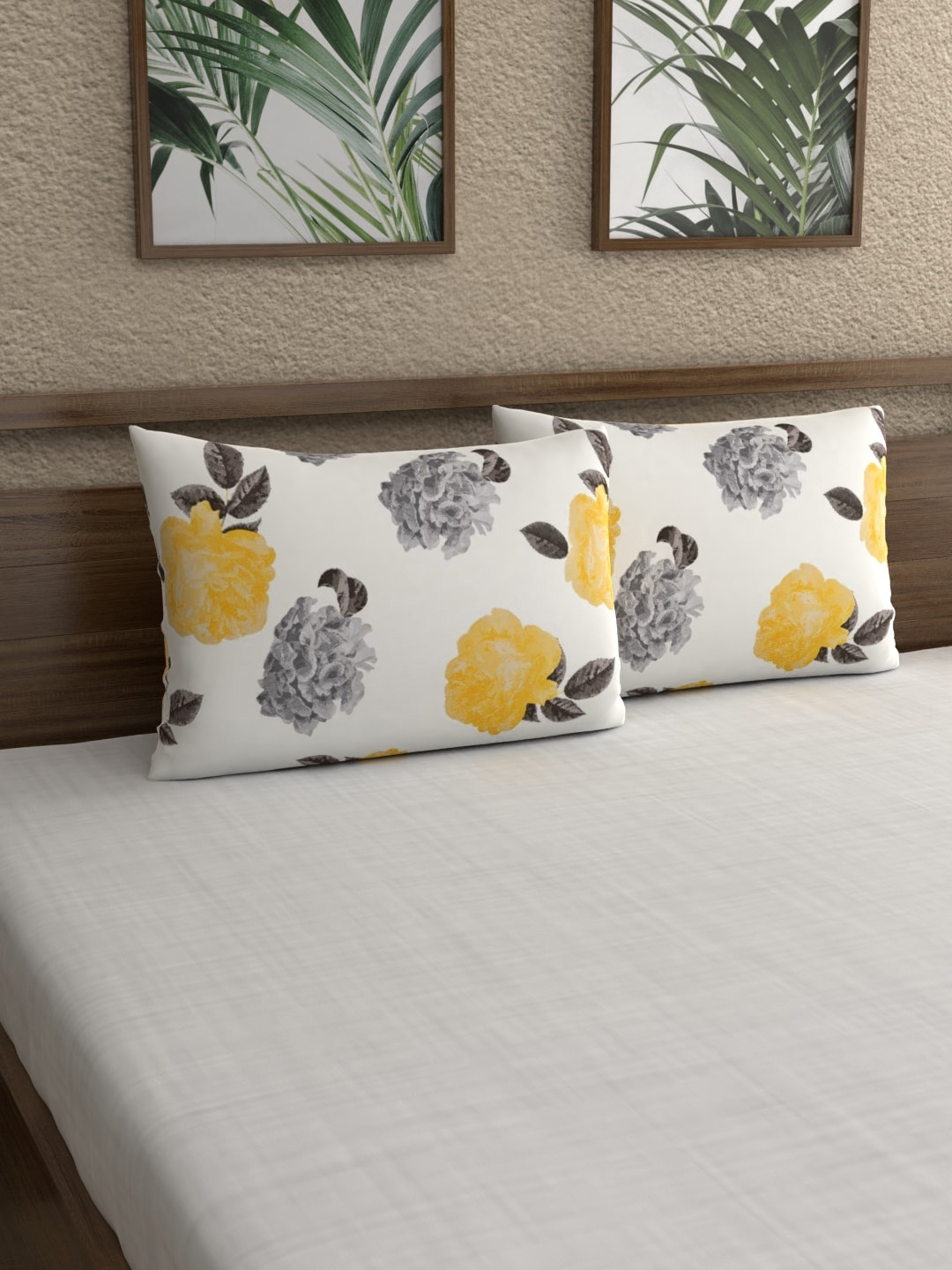 

Home Ecstasy Set Of 2 Beige & Yellow Printed 140 TC Cotton Pillow Covers
