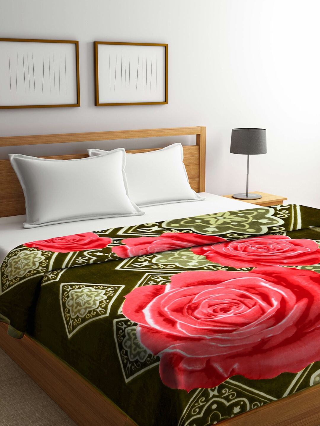 

KLOTTHE Green & Red Floral Heavy Winter Double Bed Blanket
