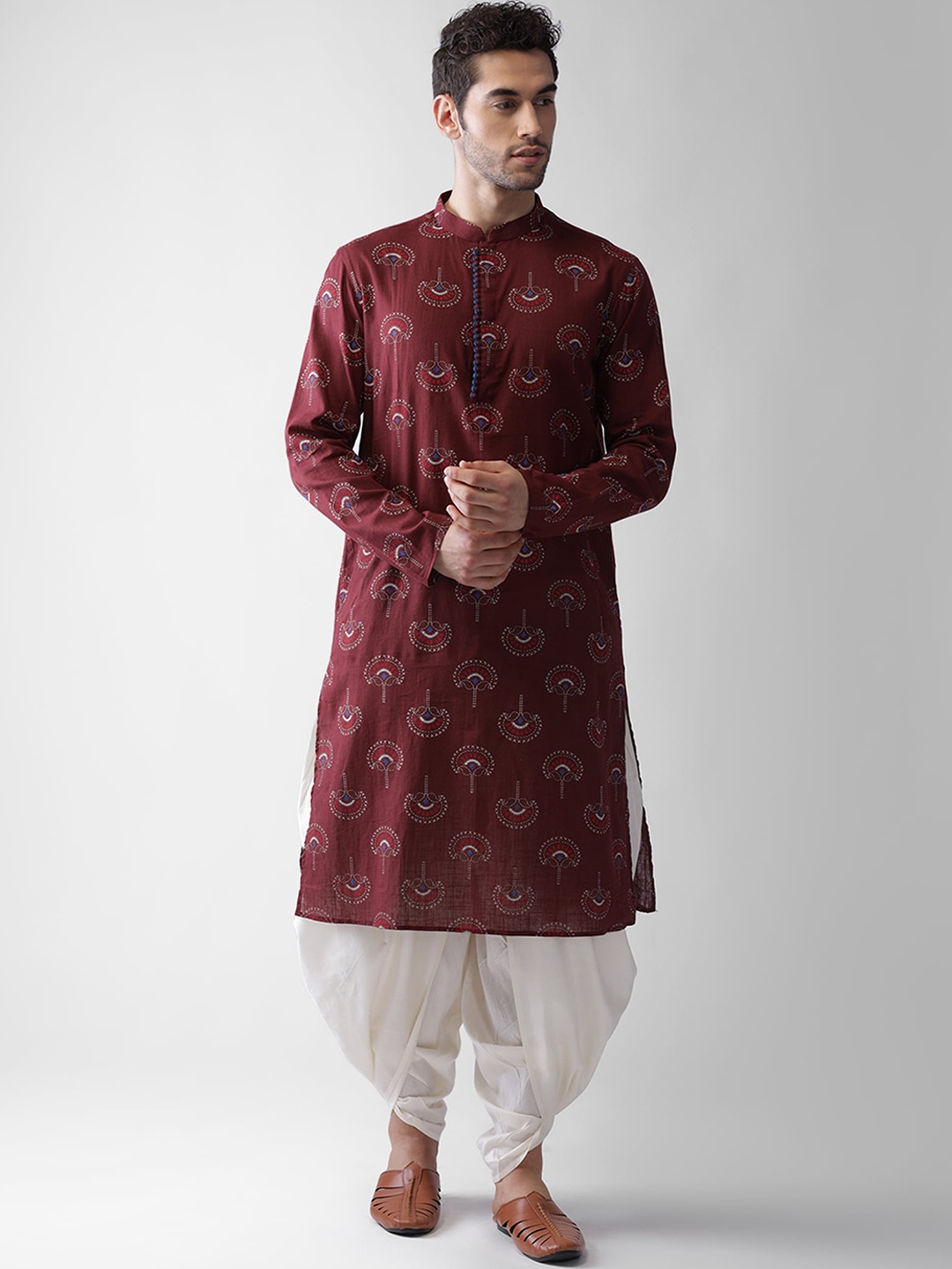 

Vartah Men Maroon Printed Regular Kurta with Dhoti Pants