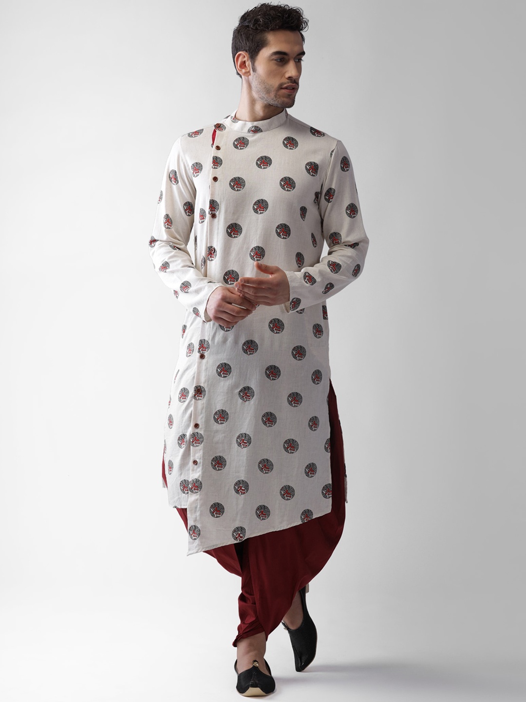 

Vartah Men White Ethnic Motifs Printed Angrakha Kurta with Dhoti Pants