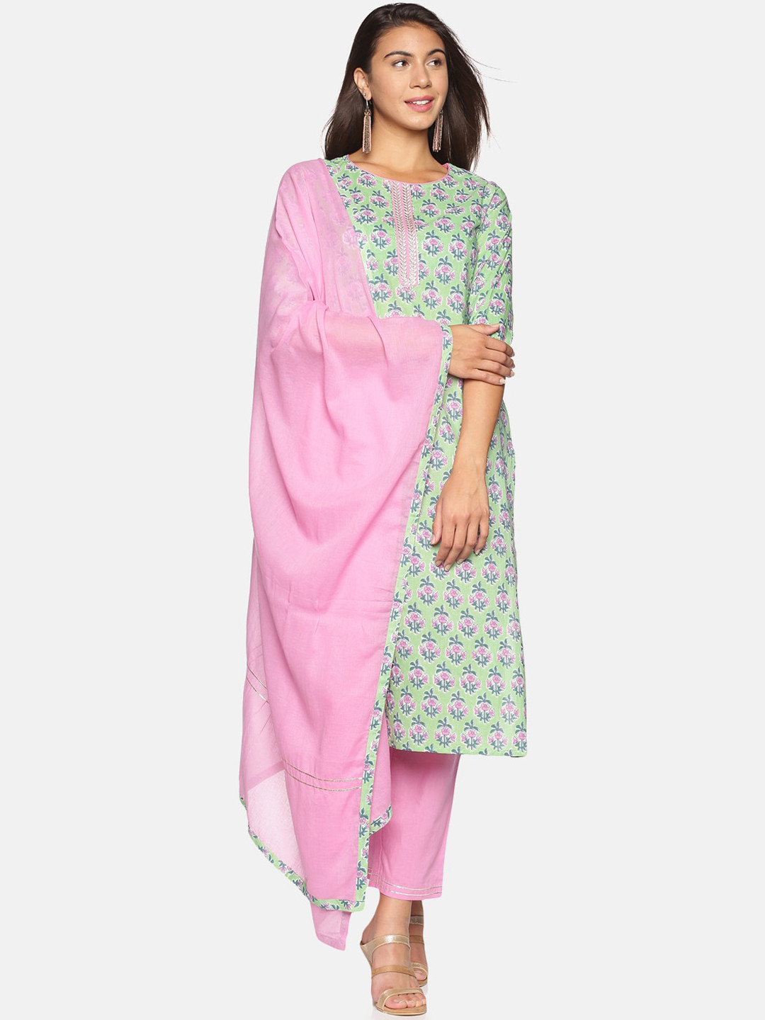 

Palakh Women Green & Pink Ethnic Motifs Printed Pure Cotton Kurta with Trousers & Dupatta