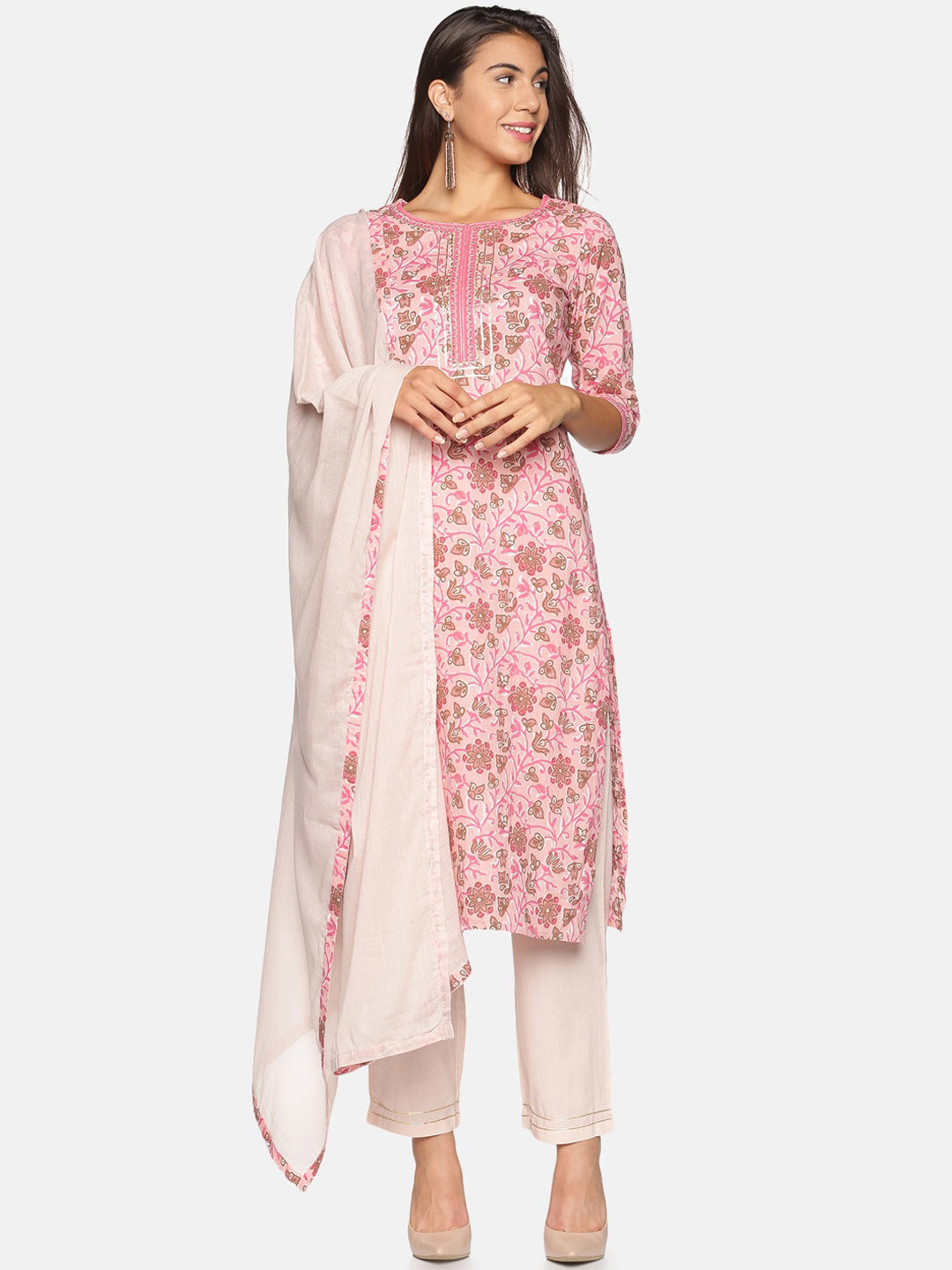 

Palakh Women Pink & Off-White Floral Printed Pure Cotton Kurta with Trousers & Dupatta