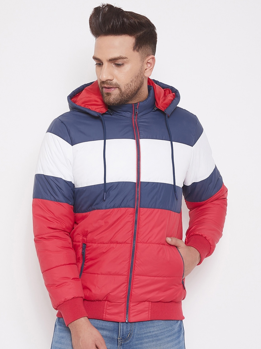 

PERFKT-U Men Red Blue Colourblocked Lightweight Outdoor Puffer Jacket