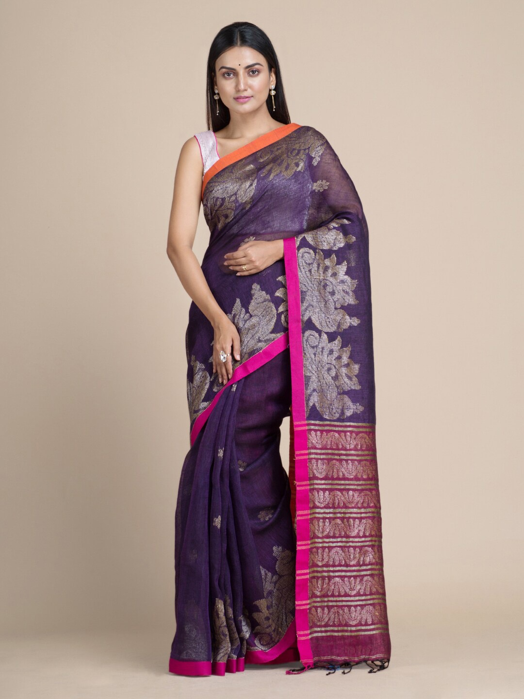 

Mitera Blue & Orange Ethnic Motifs Zari Pure Linen Saree