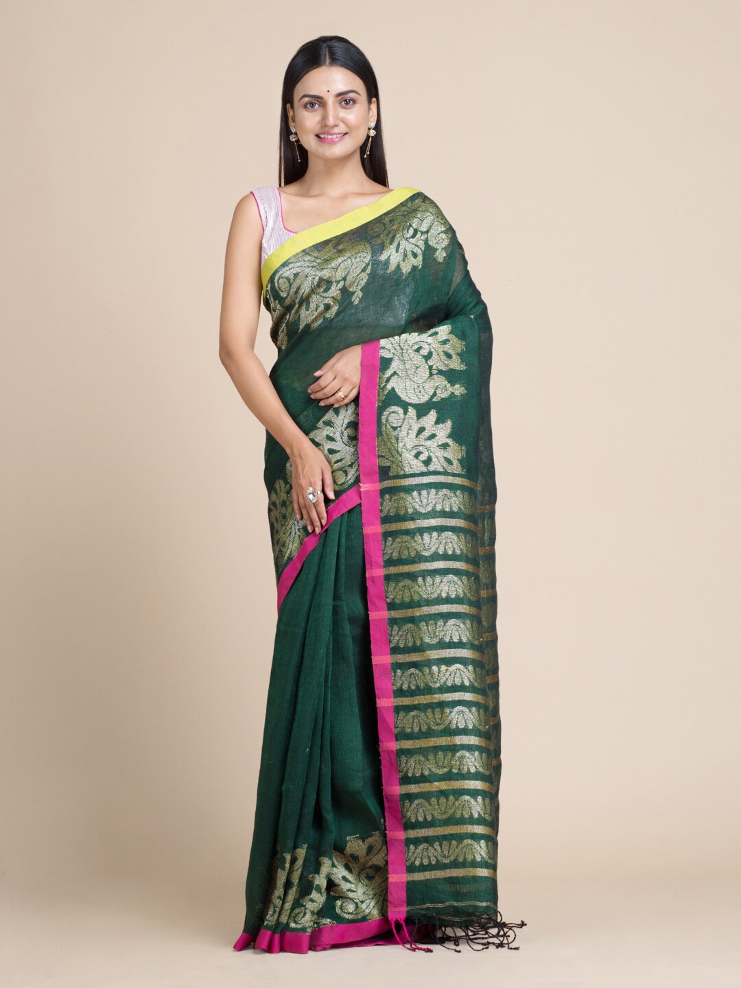 

Mitera Green & Yellow Ethnic Motifs Zari Pure Linen Saree