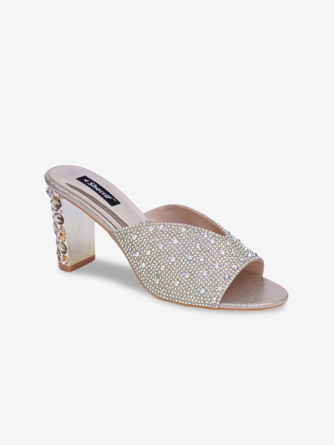 

Sherrif Shoes Women Gold-Toned Embellished Party Block Peep Toes