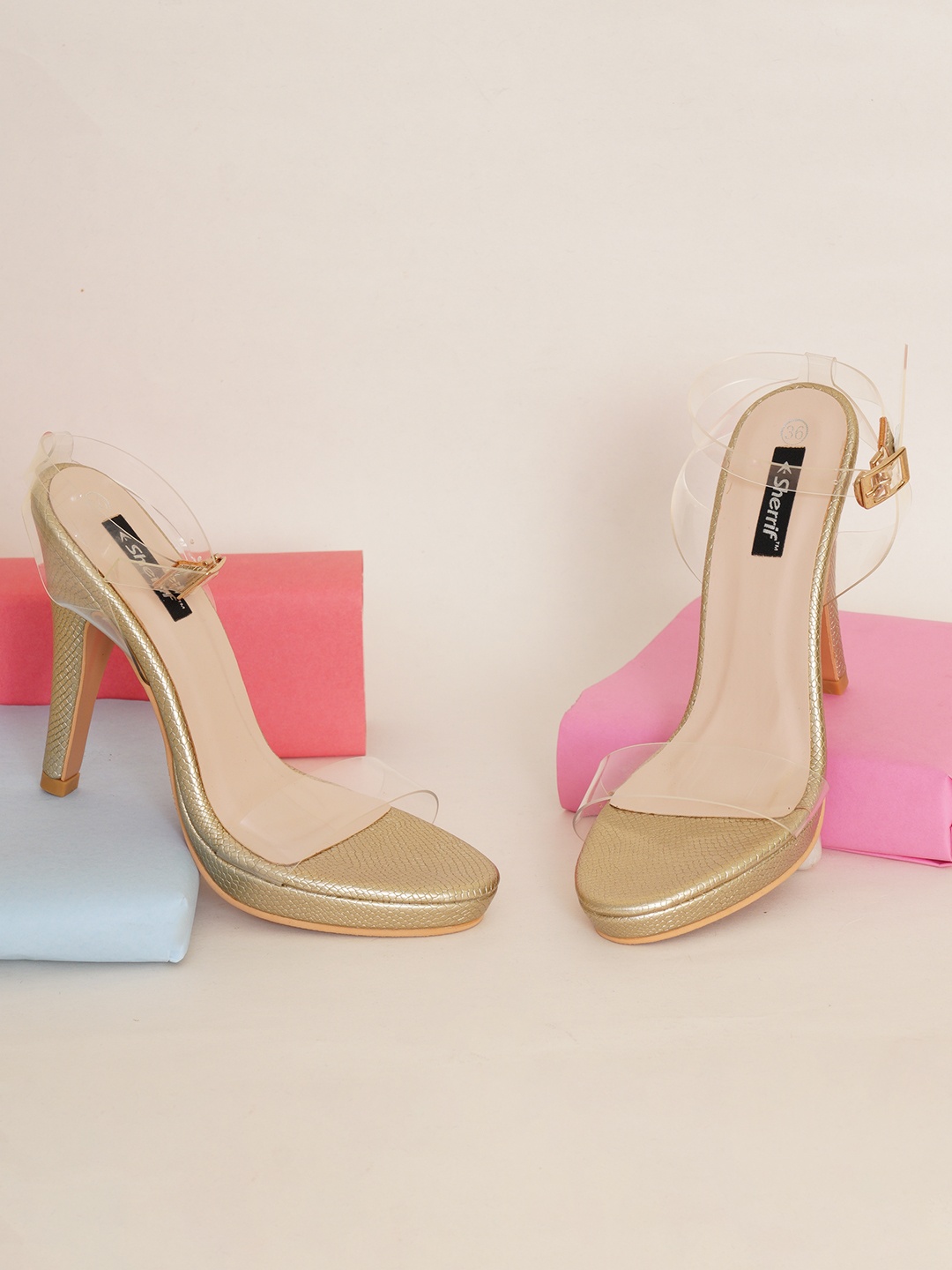 

Sherrif Shoes Gold-Toned Party Stiletto Heels with Buckles