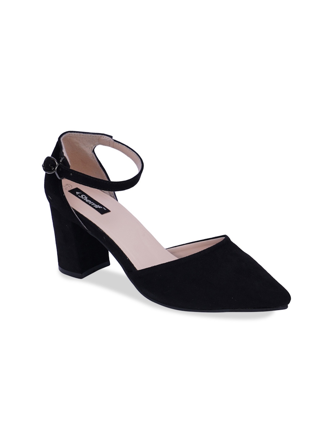 

Sherrif Shoes Black Embellished Velvet Party Block Pumps with Buckles