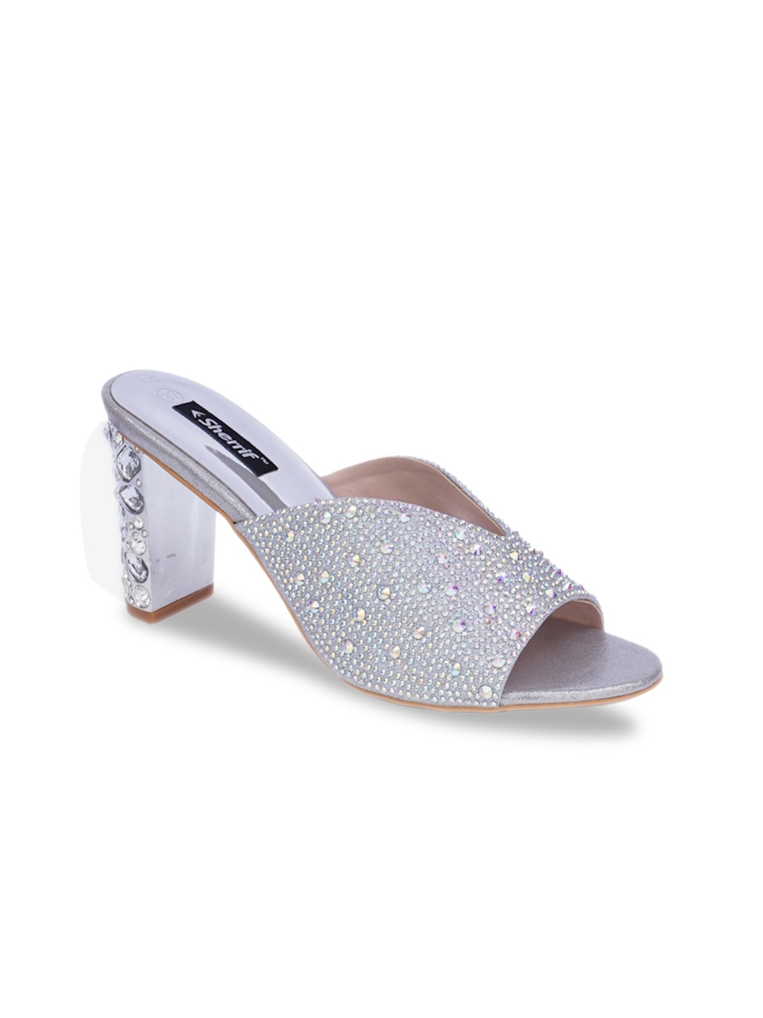 

Sherrif Shoes Women Silver-Toned Embellished Party Block Peep Toes