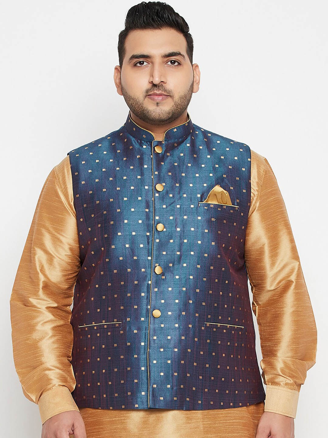 

VASTRAMAY Men Blue & Gold-Coloured Woven-Design Slim-Fit Plus Size Nehru Jacket