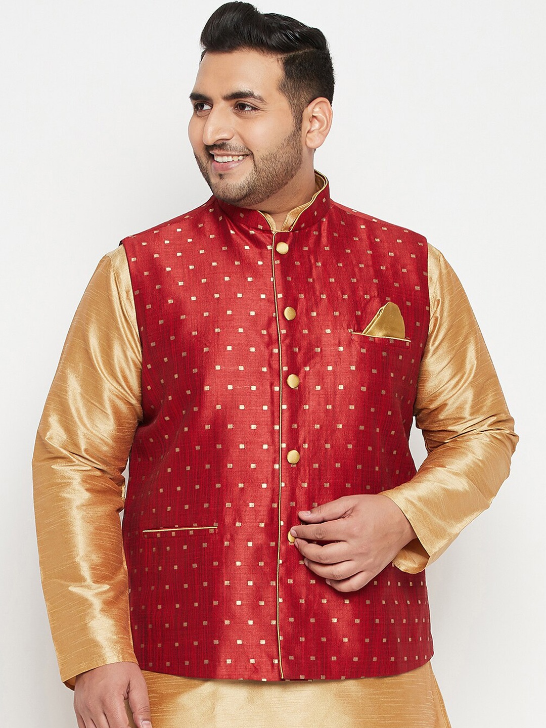 

VASTRAMAY PLUS Men Maroon & Gold-Coloured Woven-Design Slim-Fit Nehru Jacket