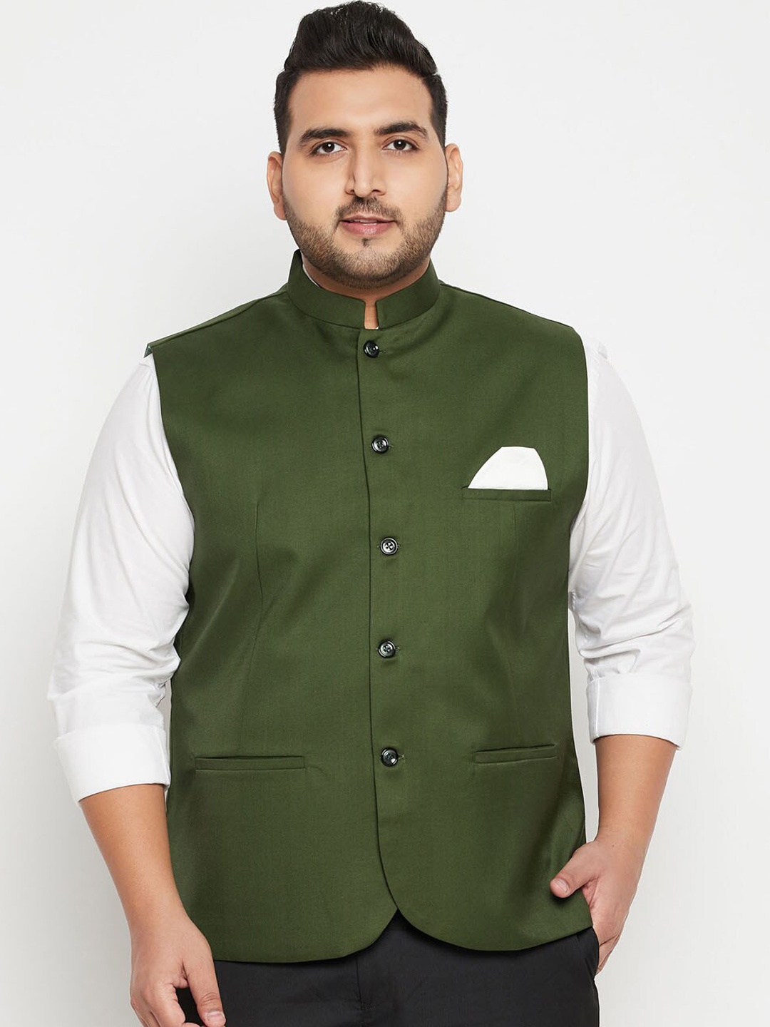

VASTRAMAY Men Green Solid Slim-Fit Woven Plus Size Nehru Jacket