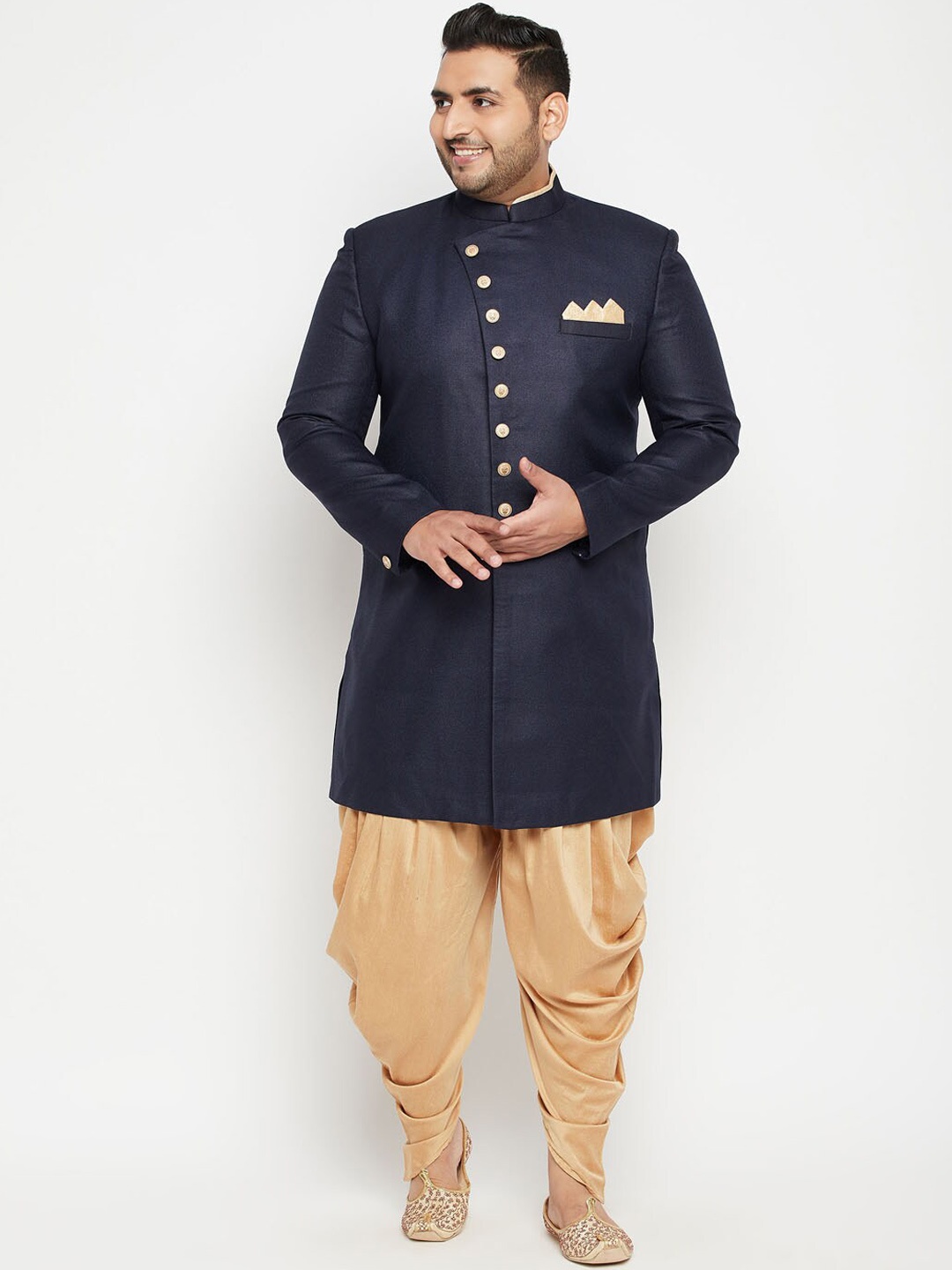 

VASTRAMAY Men Navy Blue & Beige Slim-Fit Plus Size Sherwani Set