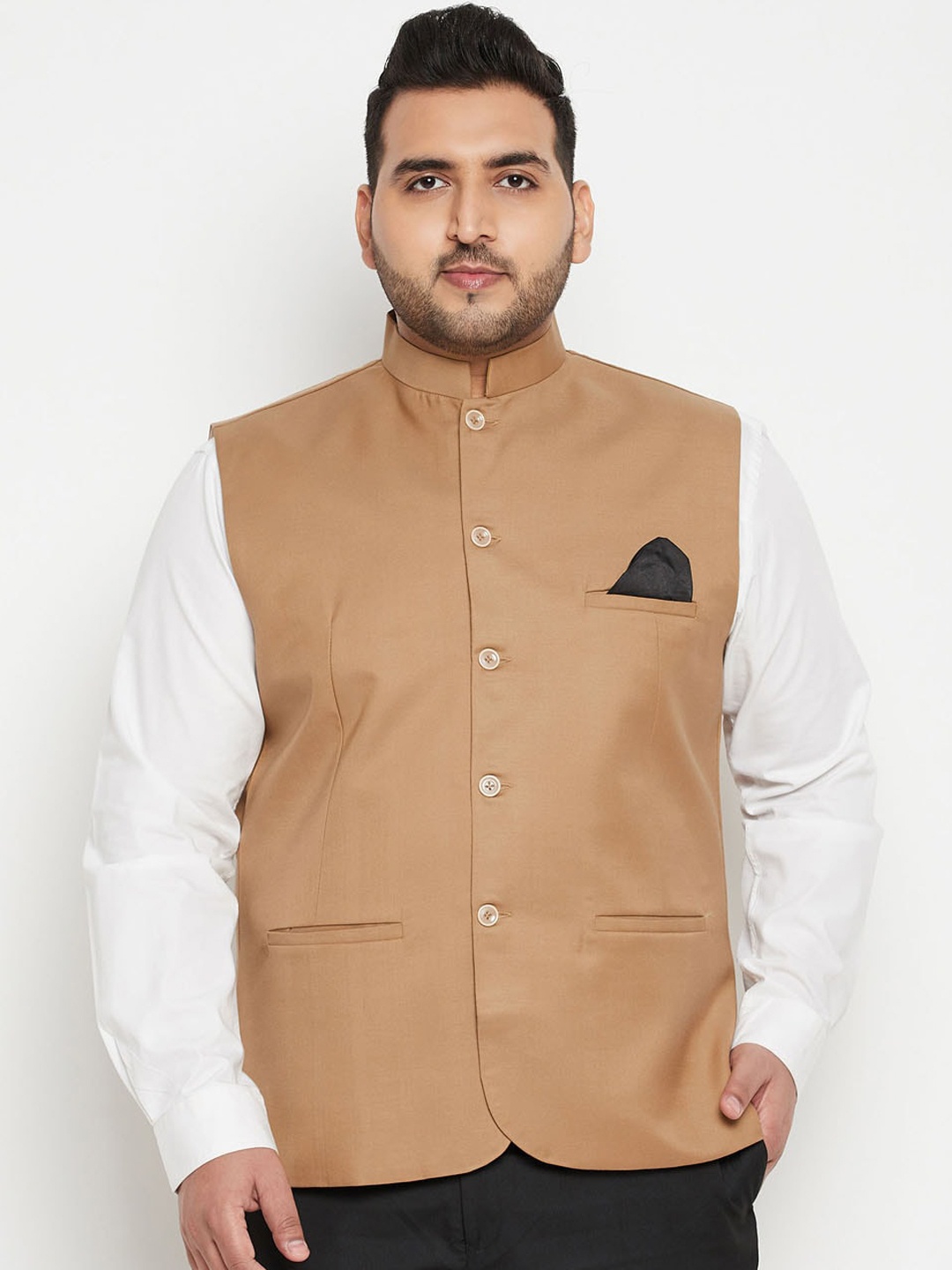 

VASTRAMAY Men Beige Solid Bandhgala Woven Nehru Jacket