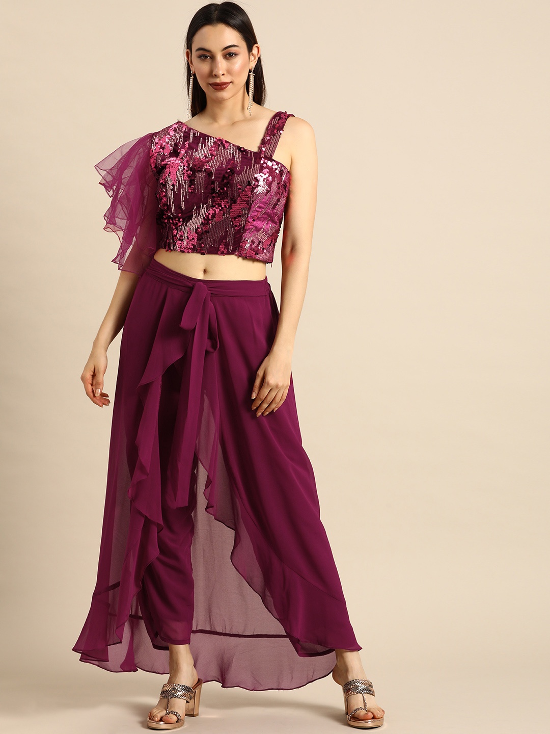 

Tikhi Imli Women Fuchsia Ruffle Sleeve Sequined One Shoulder Top with Frilled Palazzos