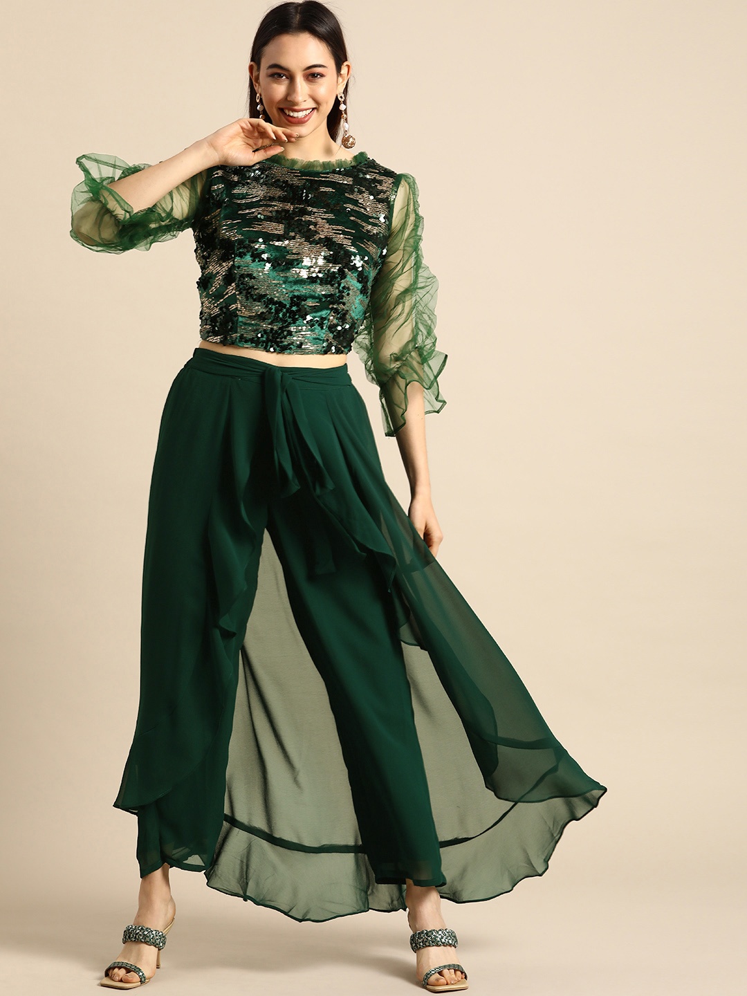

Tikhi Imli Women Green Sequined Crop Top with Tulip Palazzos