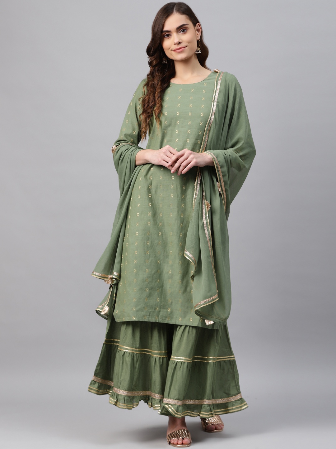 

Rangriti Women Green Printed Regular Kurta with Sharara & With Dupatta
