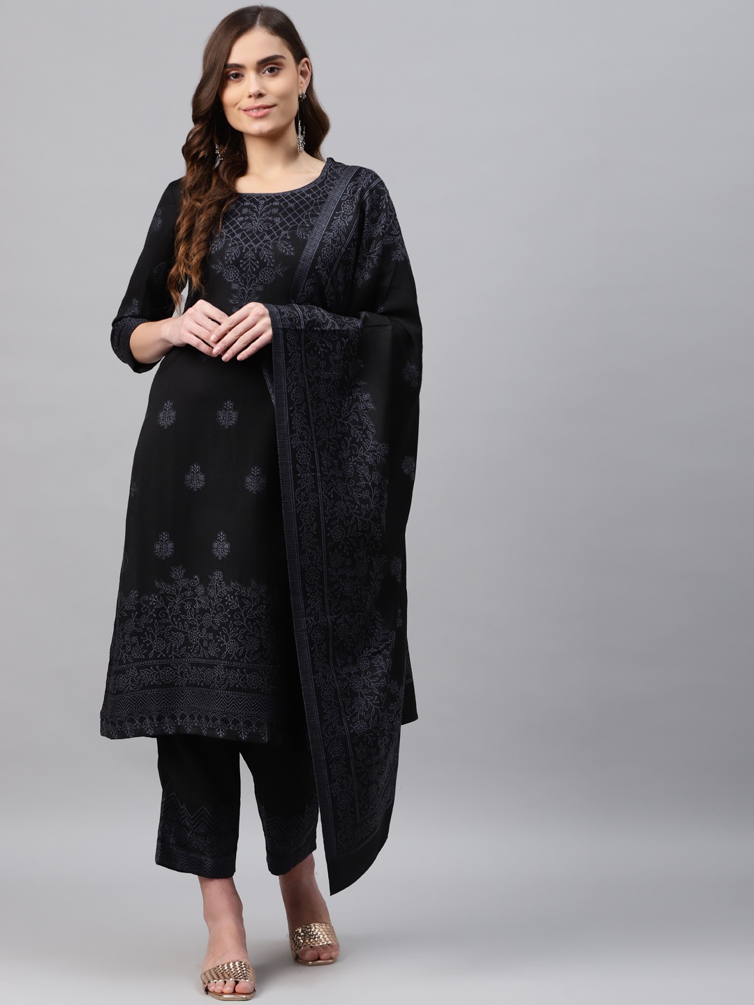 

Rangriti Women Black Ethnic Motifs Embroidered Kurta with Trousers & With Dupatta