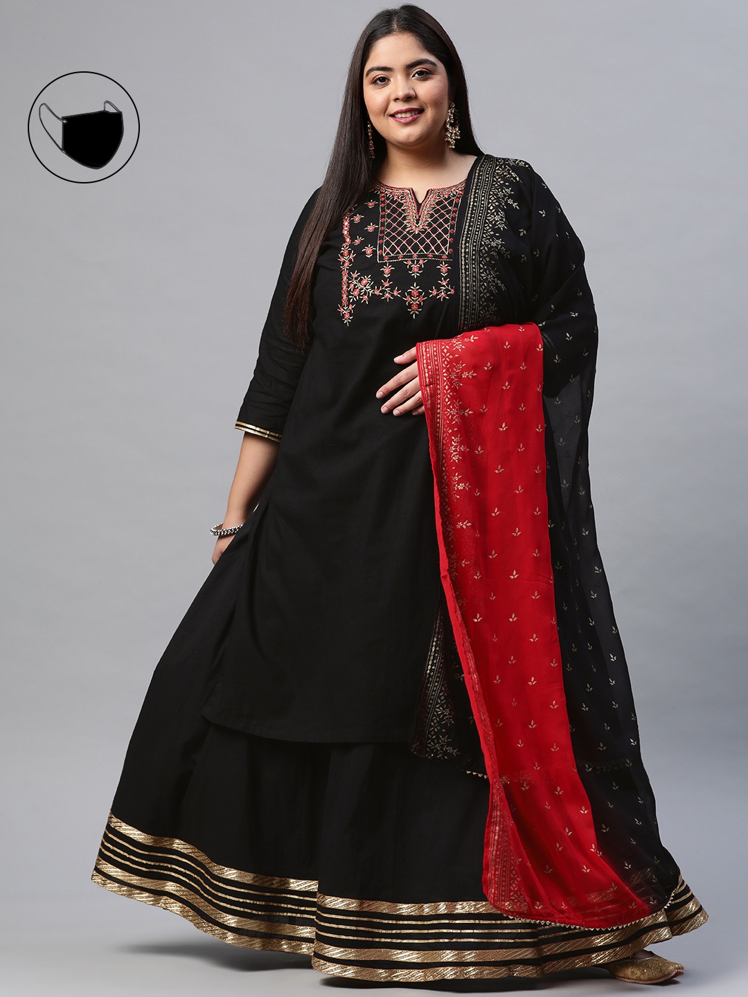 

Rangriti Women Black Ethnic Motifs Yoke Design Regular Gotta Patti Pure Cotton Kurta with Skirt & With