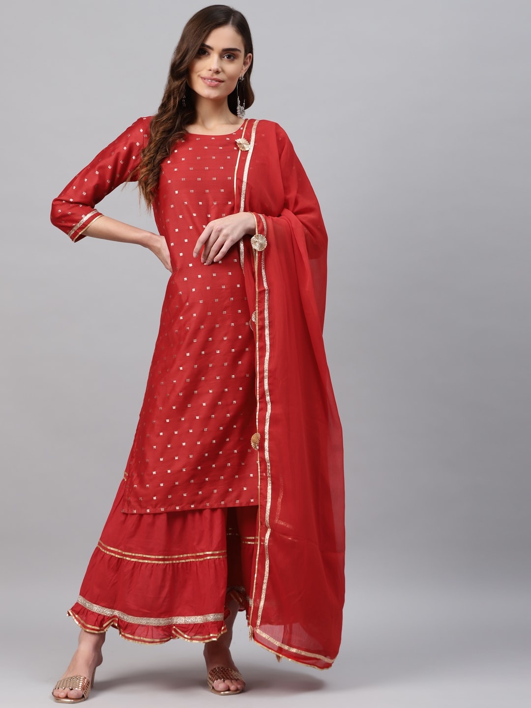 

Rangriti Women Red Printed Regular Kurta with Sharara & Dupatta