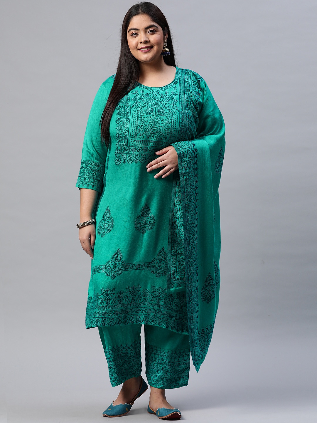 

Rangriti Women Teal Regular Kurta with Palazzos & With Dupatta