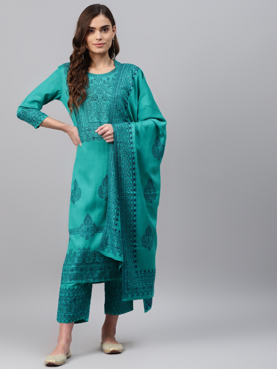 

Rangriti Women Teal Green Ethnic Motifs Printed Regular Kurta with Trousers & Dupatta