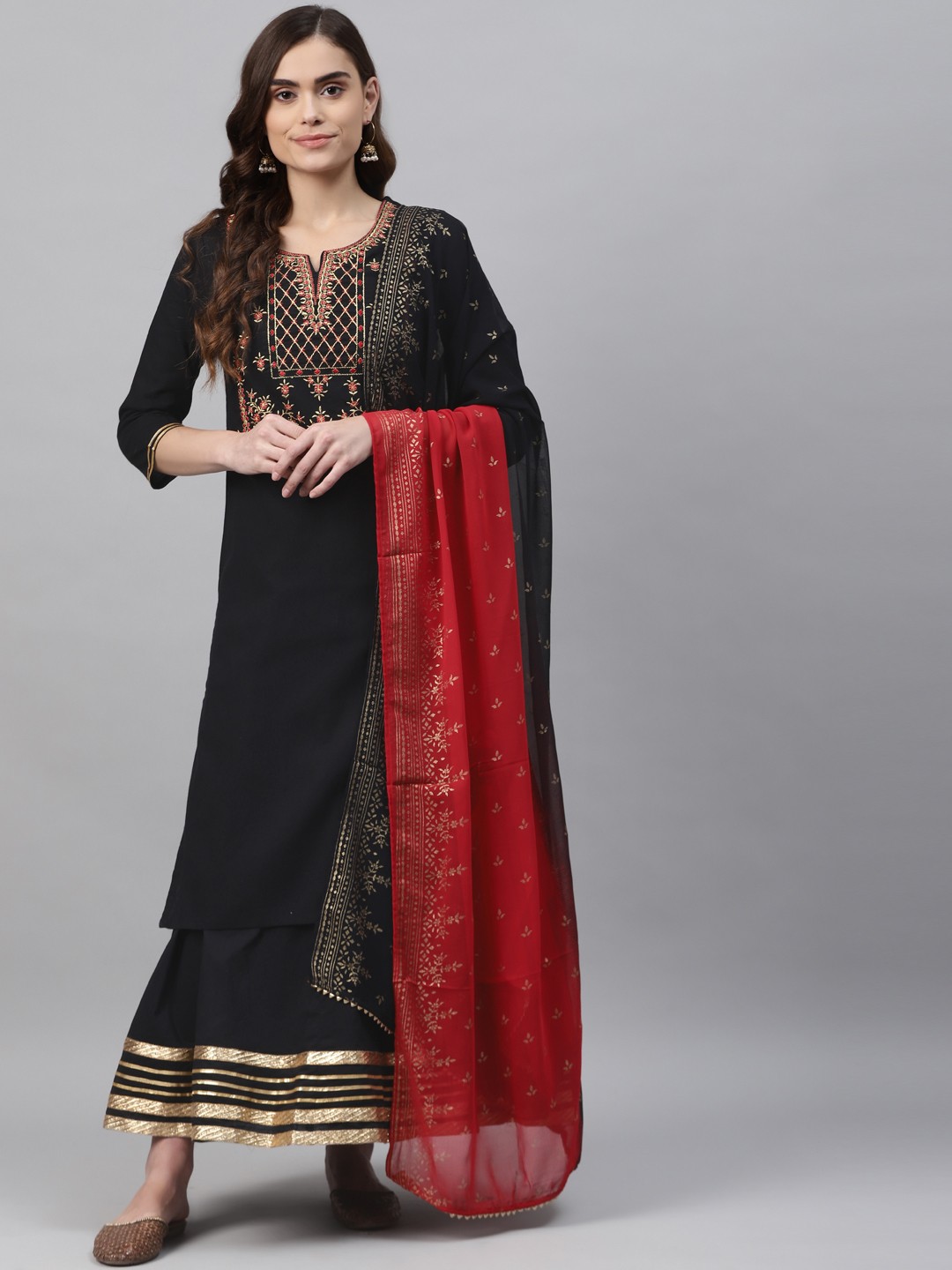 

Rangriti Women Black Floral Embroidered Regular Pure Cotton Kurta with Skirt & With Dupatta