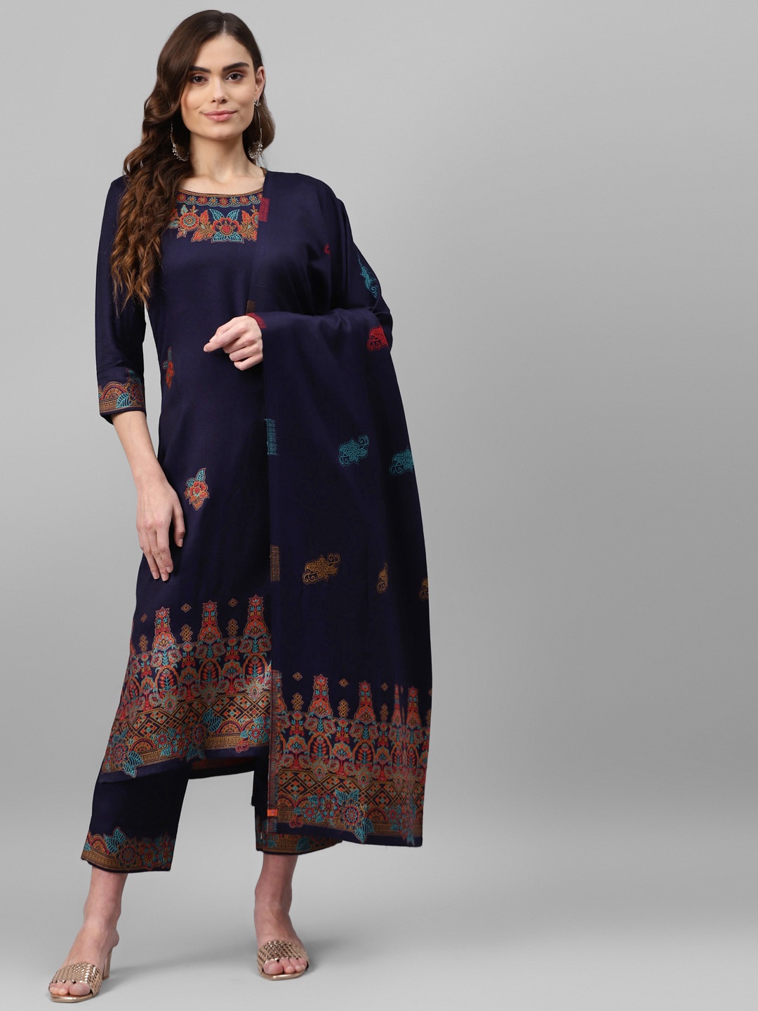 

Rangriti Women Navy Blue Ethnic Motifs Printed Regular Kurta with Trousers & With Dupatta