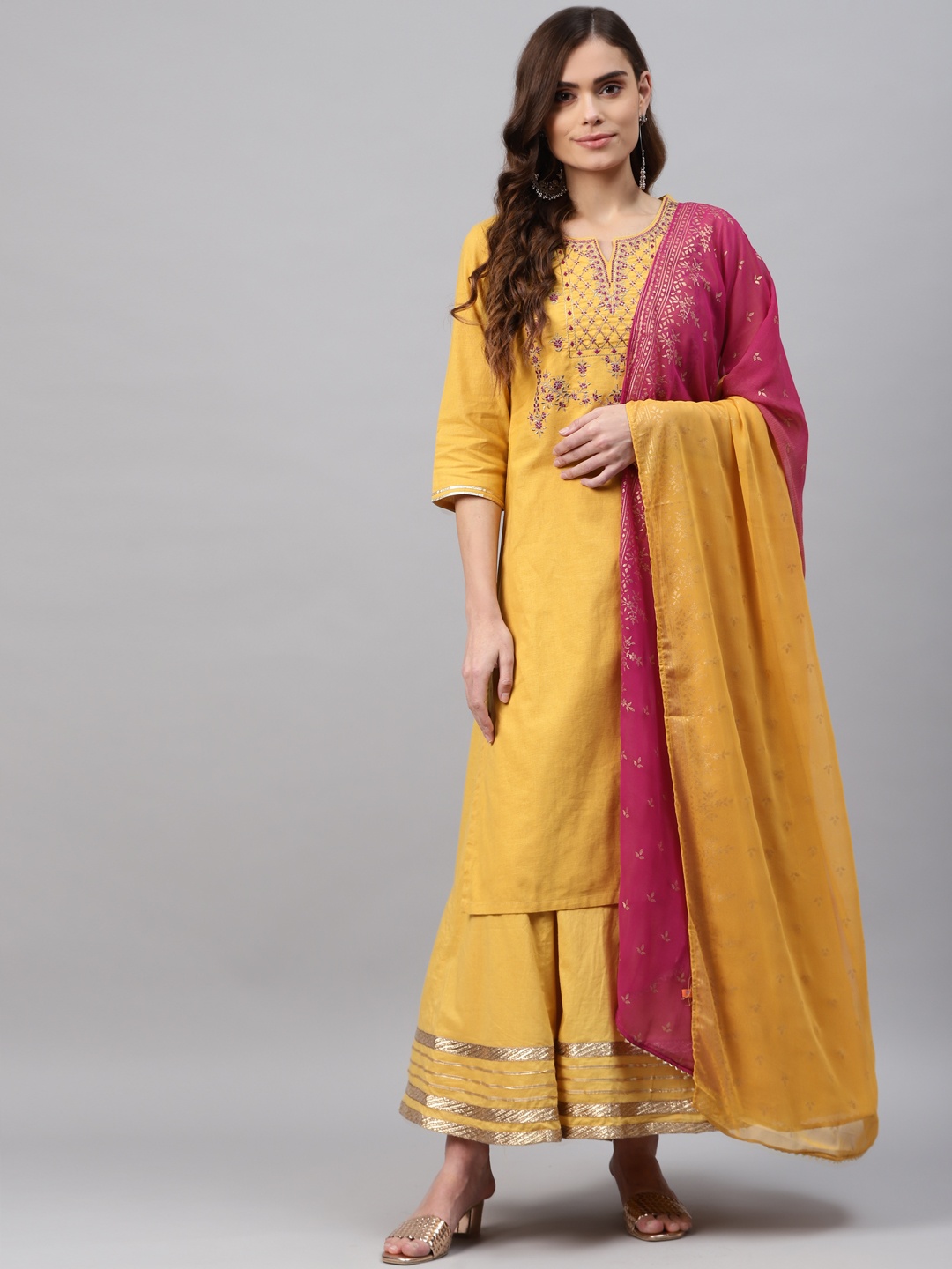 

Rangriti Women Mustard Yellow Floral Embroidered Regular Pure Cotton Kurta with Skirt & With Dupatta